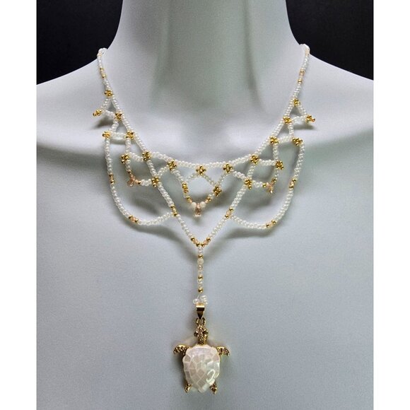 18k Gold Plated Moonstone Peach Champagne Zircon Beaded Necklace Turtle Pendant - Picture 1 of 9